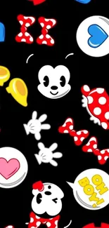 Colorful cartoon characters on black wallpaper design.