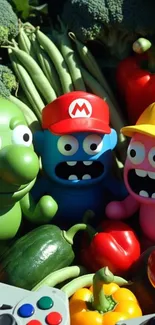 Colorful cartoon characters with vegetables.