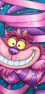 Colorful cartoon Cheshire Cat with a vibrant blue background.