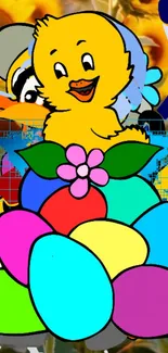 Cartoon chick with colorful eggs in vibrant design.