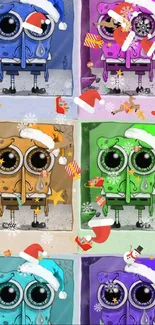 Colorful cartoon characters wearing Christmas hats in vibrant, festive colors.