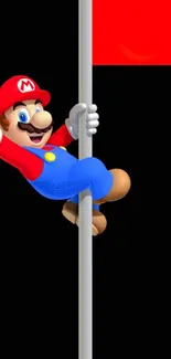 Cartoon character climbing pole with red flag in dynamic pose.