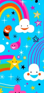 Colorful wallpaper with rainbows, happy clouds, and stars in vibrant colors.