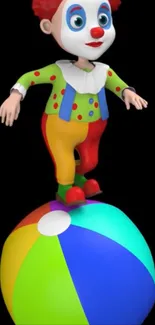 Cartoon clown on a colorful beach ball.