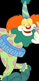 Cheerful cartoon clown with colorful outfit and bright hair.