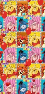 Colorful cartoon character collage wallpaper with vivid patterns.