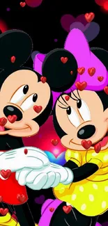 Colorful cartoon couple with heart patterns on black background.