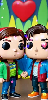 Cute cartoon couple holding hands with colorful background.