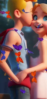 Cartoon couple with butterflies, vibrant wallpaper