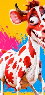 Colorful cartoon cow with vibrant splash background.