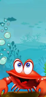 Colorful cartoon crab in an underwater ocean scene with bubbles.