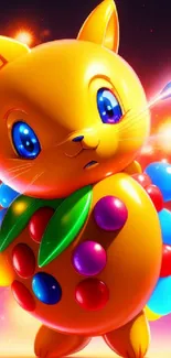 Vibrant cartoon creature with colorful bubbles on gradient background.