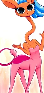 Vibrant cartoon creature with colorful design in pink and orange hues.