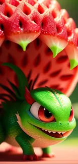 Cartoon creature with green scales and red accents in fantasy design.