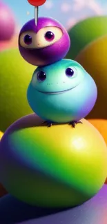 Cartoon creatures on colorful spheres, vibrant mobile wallpaper.