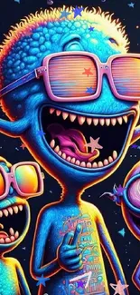 Vibrant cartoon creatures with neon hues on a mobile wallpaper.