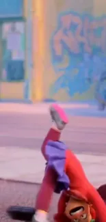 Cartoon character breakdances on a colorful urban street.