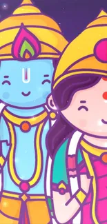 Colorful cartoon deities wallpaper, vibrant and lively illustration.