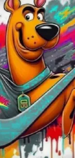 Cartoon dog in vibrant graffiti style with colorful background.