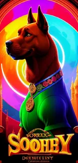 Colorful cartoon dog poster with spiral background.