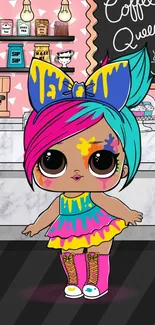 Colorful cartoon doll with vibrant pink and blue attire in a cafe setting.