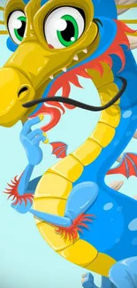 A colorful cartoon dragon illustration with a sky blue background.