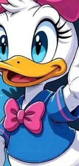 Colorful cartoon duck with blue and pink outfit reaching out.