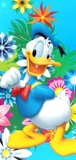 Colorful cartoon duck with floral background wallpaper.