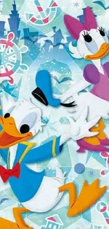 Playful cartoon ducks on a vivid ice-themed background for a mobile wallpaper.