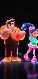 Neon cartoon characters on a dark background.