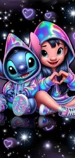 Cartoon characters in colorful hoodies with cosmic background.