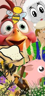 A colorful cartoon farm scene with animals and a farmer.