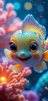 Colorful cartoon fish swims in vibrant coral.