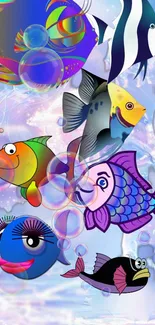 Vibrant cartoon fish with bubbles in a colorful ocean scene wallpaper.