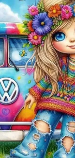 Cartoon girl with flowers in front of a colorful van.