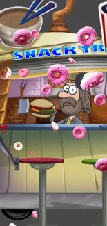 Colorful cartoon food truck with donuts flying around.