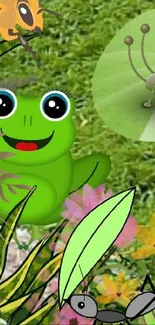 Cartoon frog with insects and flowers in a vibrant nature scene.