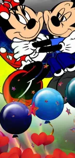 Vibrant cartoon wallpaper with colorful balloons and playful characters.