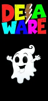 Playful cartoon ghost with colorful text in vibrant mobile wallpaper.