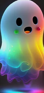 Colorful cartoon ghost with rainbow glow on dark background.