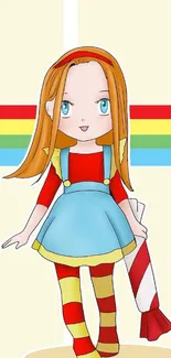 Cartoon girl with colorful stripes and whimsical design.