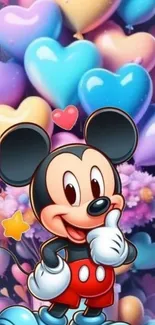 Cheerful cartoon character with colorful heart balloons.