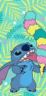 Cute cartoon creature with tall colorful ice cream on teal background.