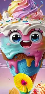 Colorful cartoon ice cream cone with smile and sprinkles.