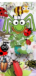 Cartoon insects and leaves on mobile wallpaper.