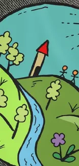 Vibrant cartoon landscape with hills and a tower.