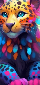 Vibrant cartoon leopard with colorful feathers and bright blue eyes.