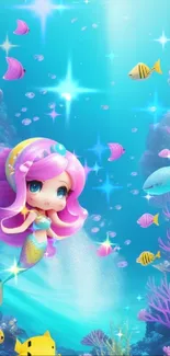 Cartoon mermaid surrounded by colorful fish in a vibrant underwater scene.