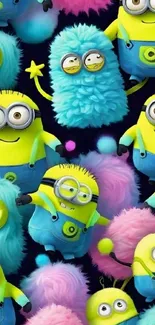 Vibrant cartoon wallpaper with colorful minions.