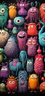 Vibrant cartoon monsters on a black background create a playful wallpaper design.